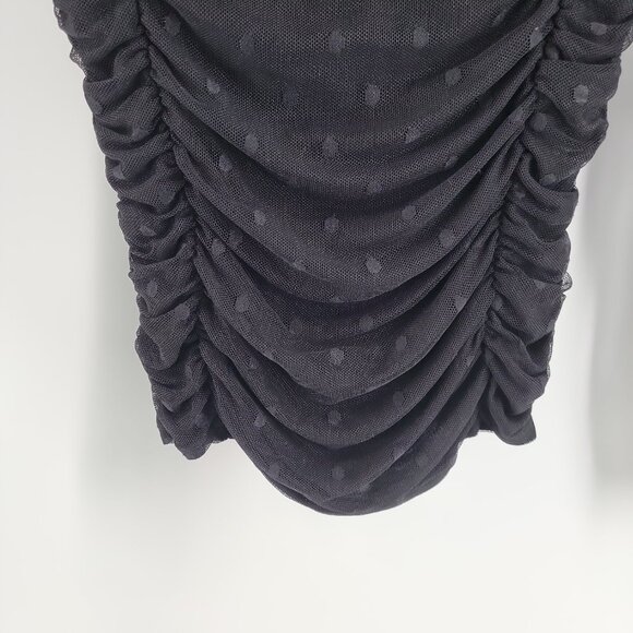 Evereve Black Ruched Mesh Dot Top | Sheer Sleeve Mock Neck | Size Small - Picture 8 of 12
